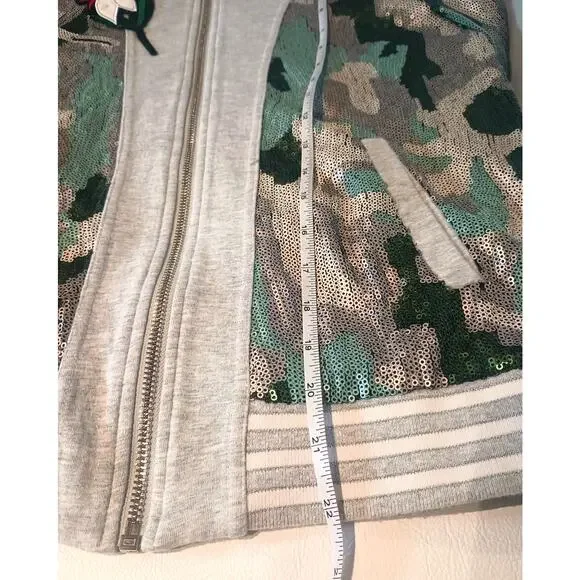 BOSTON PROPER XXS CAMO SEQUIN EMBELLISHED VARSITY FULL ZIP JACKET - Picture 6 of 12